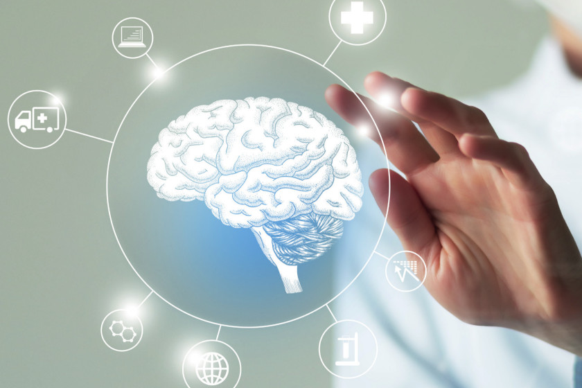 Illustrazione di cervello e interfaccia medica digitale, sistemi diagnostici in psichiatria DSM-5-TR e ICD-11