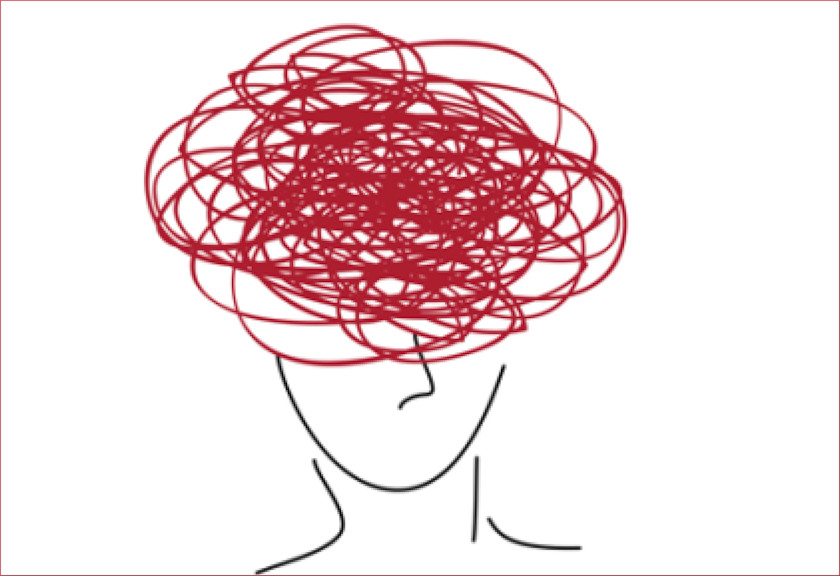 Disegno lineare minimalista di una figura umana con linee rosse aggrovigliate al posto della testa, rappresentazione simbolica dello stress lavorativo e del disagio psichico.